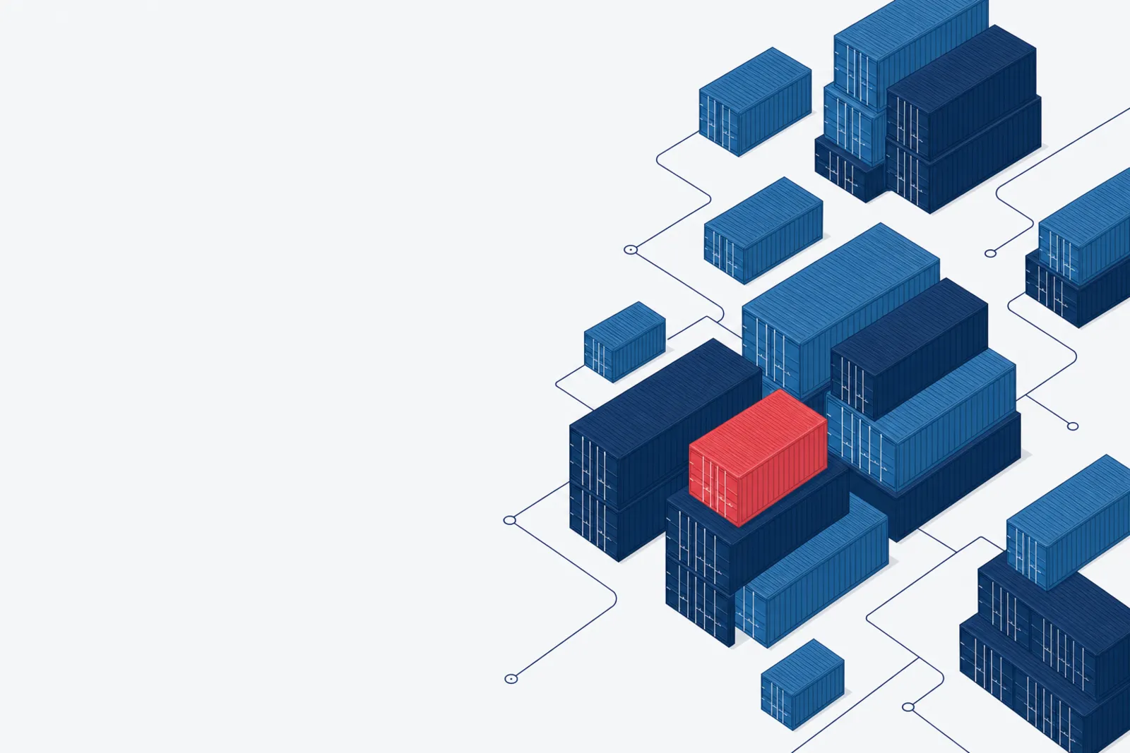 Illustration: stacked freight containers connected by route lines